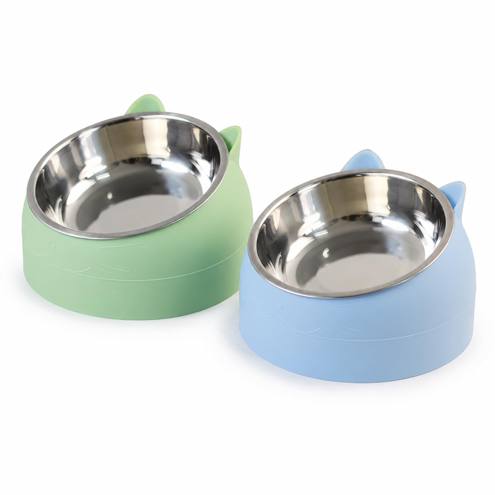 2-Pack Raised Cat Bowls, 15° Tilted Stainless Steel for Food & Water