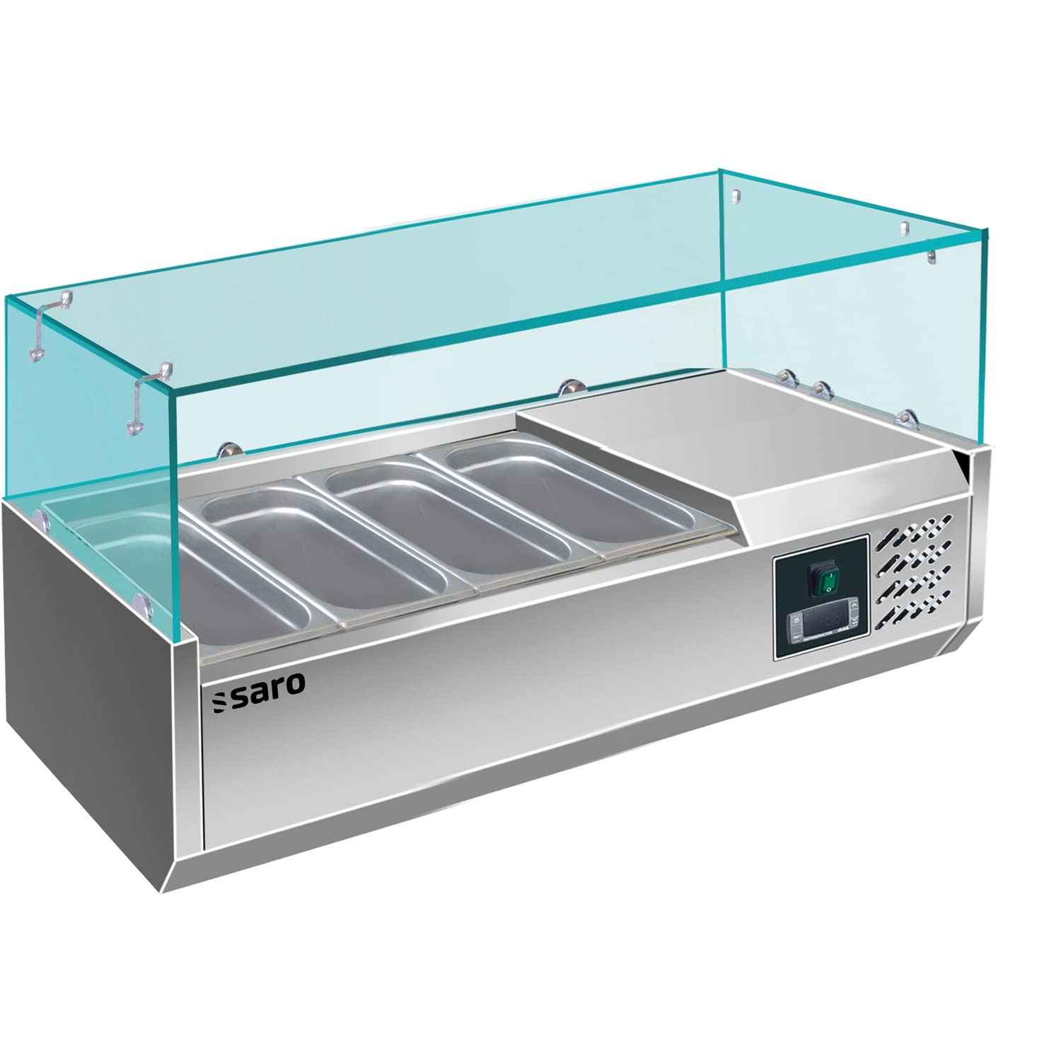 SARO EVRX 1200/380 - Vetrina refrigerante per pizzeria e ristorazione, 120 cm, per 4 contenitori 1/3 GN da 150 mm di profondità, acciaio inox e vetro, controllo digitale della temperatura +2-+8 °C