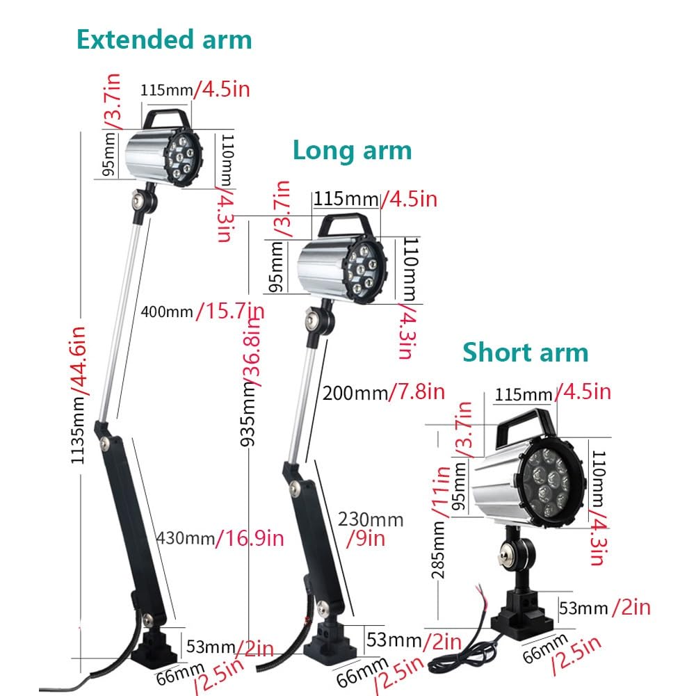 Przenośna lampa robocza LED, wodoodporna mechaniczna lampa robocza, 120 lumenów/wat, oświetlenie przemysłowe, lampa warsztatowa do tokarek, maszyny do szycia (12W/24V/duże ramię)