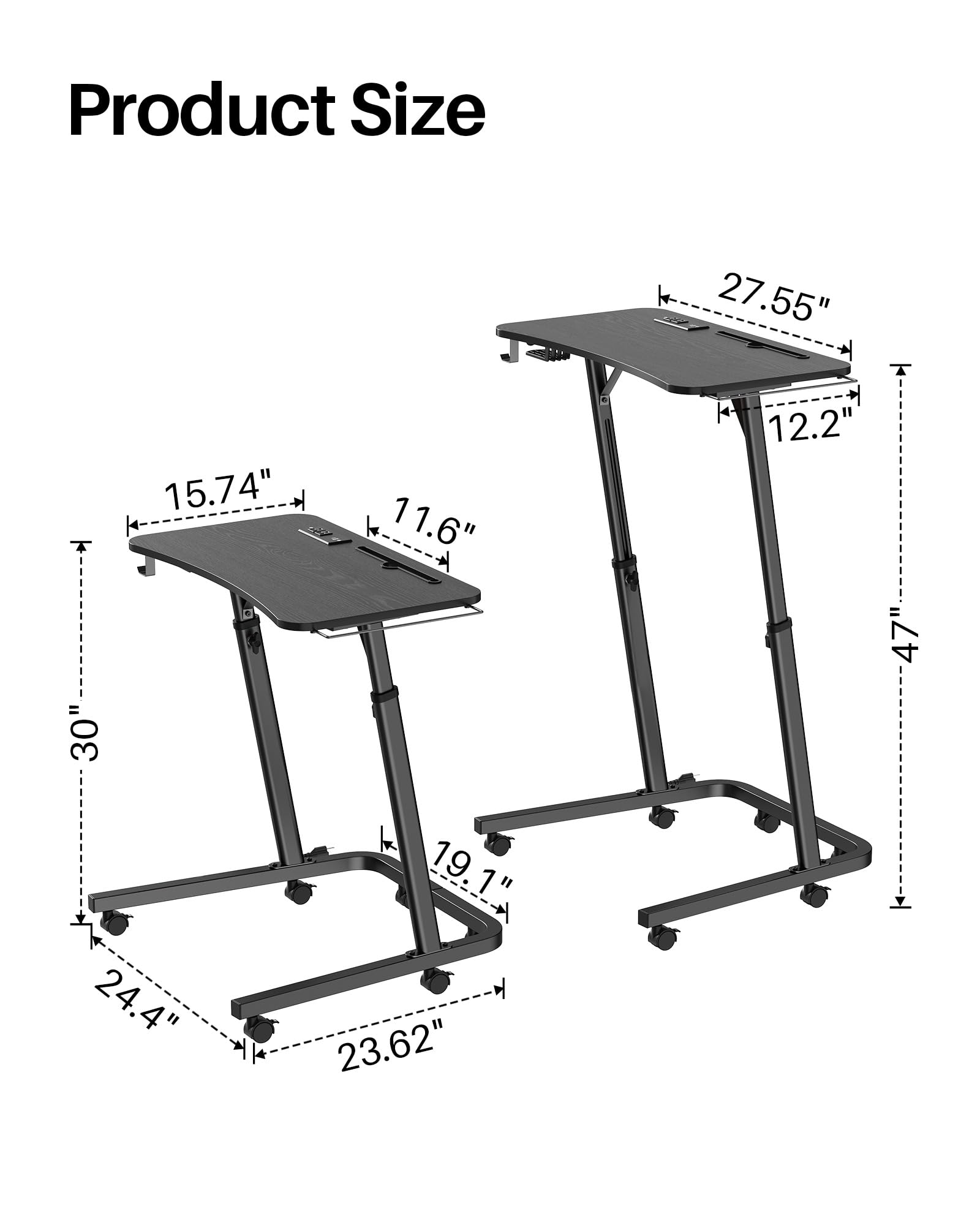 Stół do treningu rowerowego z regulacją wysokości i kółkami, stolik nocny i stolik pod laptopa, stolik pomocniczy z regulacją wysokości, do jazdy wewnątrz i bieżni z uchwytem na napoje i hakami