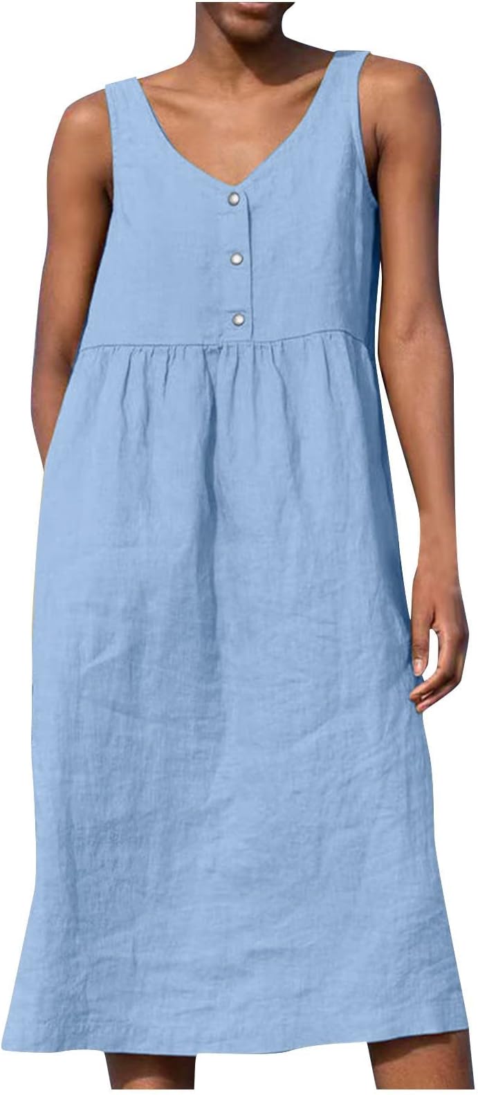 Spring Summer Dresses for Women 2025 Casual Quarter Button V Neck Sleeveless Dress Cotton Linen Comfort Soft Dress