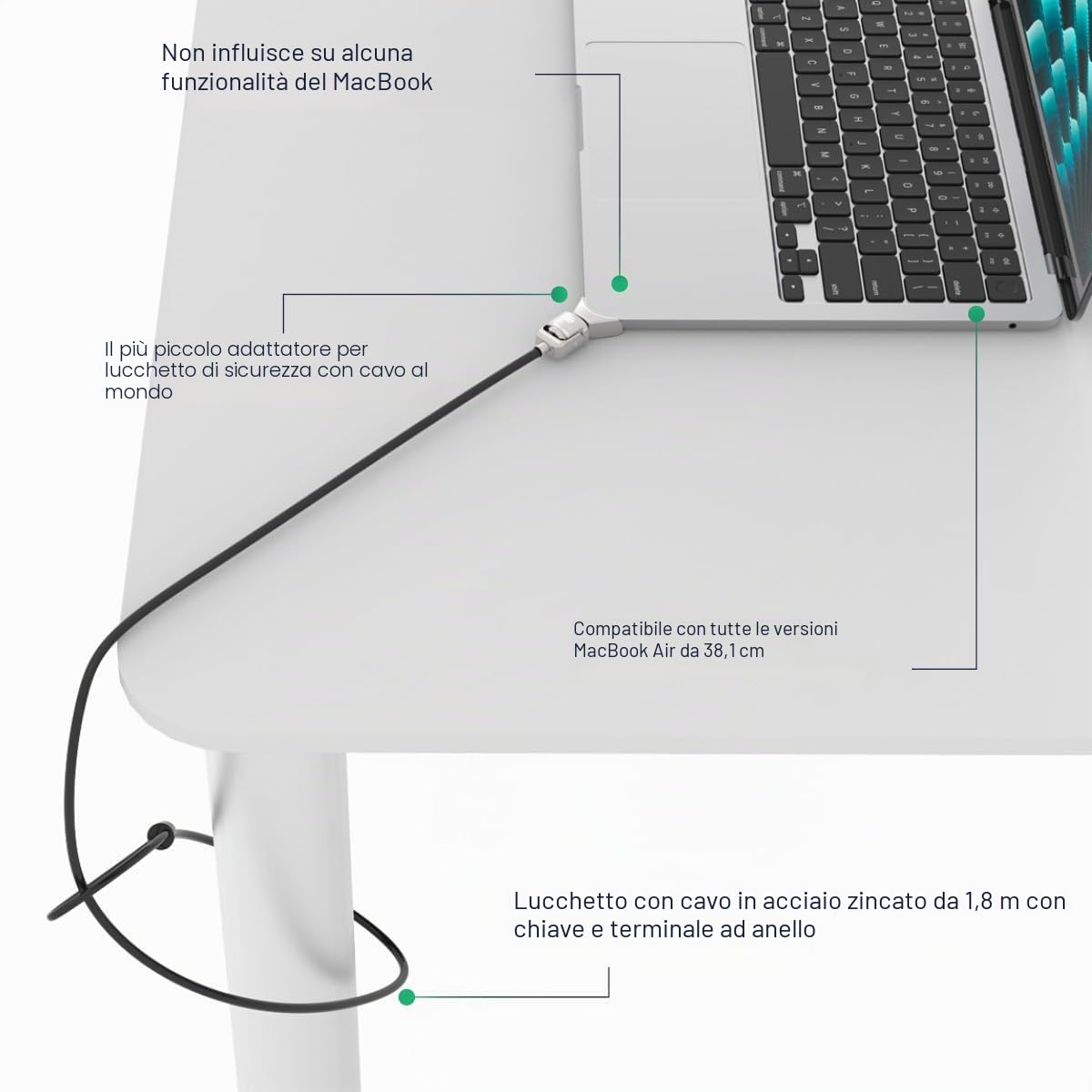 Compulocks - Blocco MacBook Air The Ledge - MacBook Air M2 e M3 – T-Slot Ledge con serratura e cavo di sicurezza