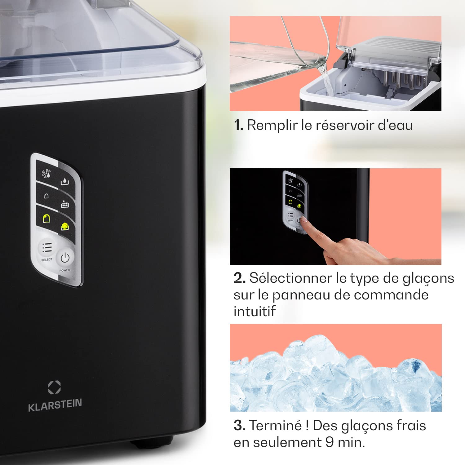 Klarstein Machine a Glacons pour la Maison, Capacité de 1,5L, Fabrique Rapidement Jusqu'à 12kg de Glacons, Machine a Glaces Petits et Grands Glaçons en Forme de Balles, Autonettoyante, Ice Maker