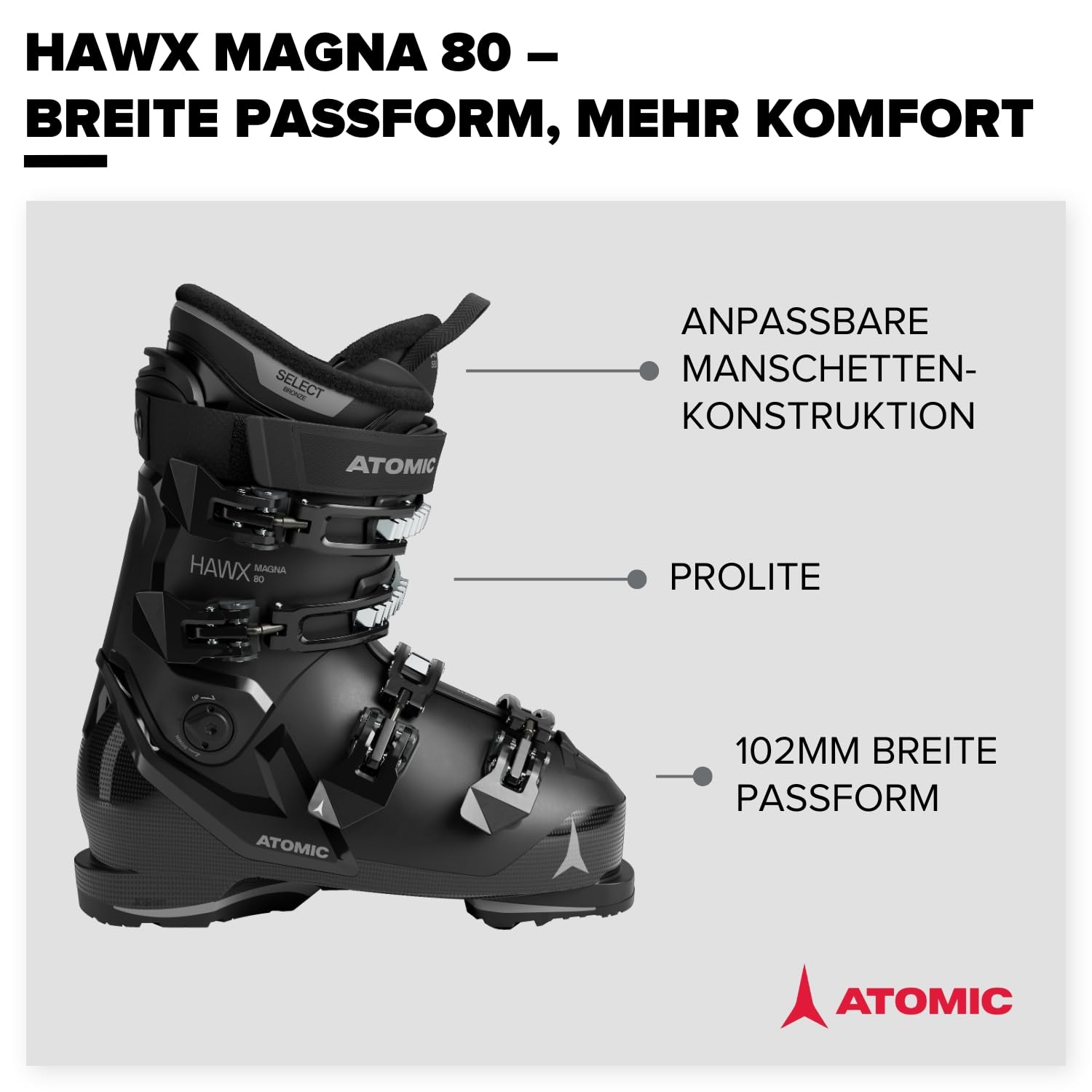 ATOMIC HAWX Magna 80 Skischuhe - Breite Ski-Boots mit 102 mm Passform & 80er-Flex - Hochwertige Ski-Schuhe mit Prolite-Konstruktion