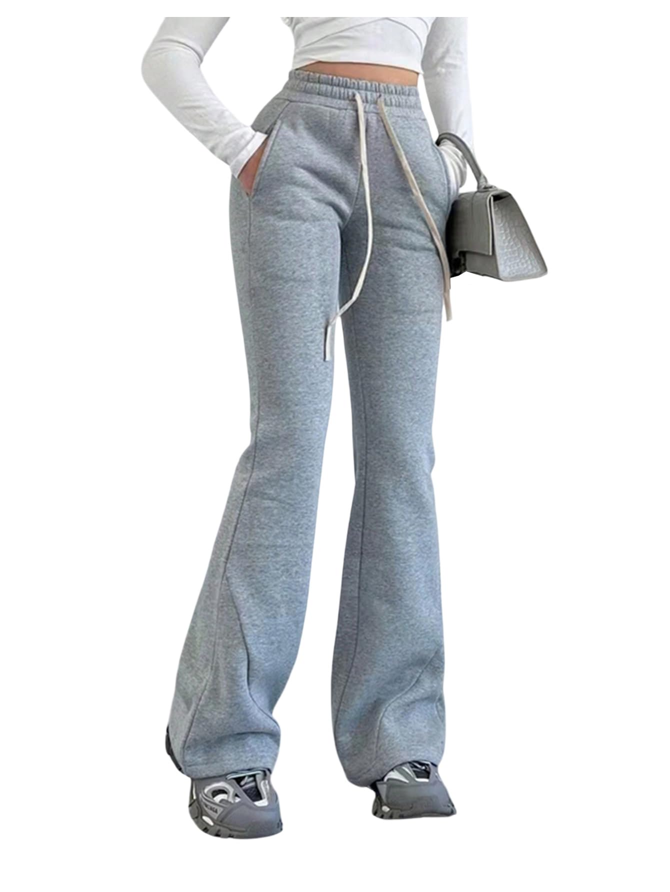 GORGLITTER Women's Drawstring High Elastic Waist Sweatpants Flare Leg Streetwear Pants with Pocket S Grey