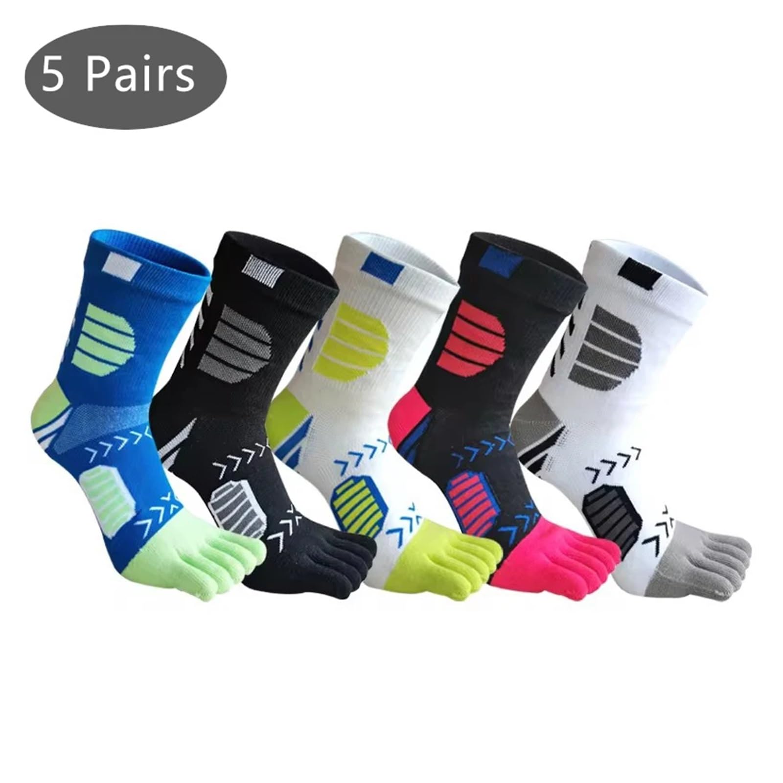5 paia di calzini sportivi con dita, a compressione, in cotone, assorbenti, for ciclismo, maratona, fitness, basket, all'aperto, a