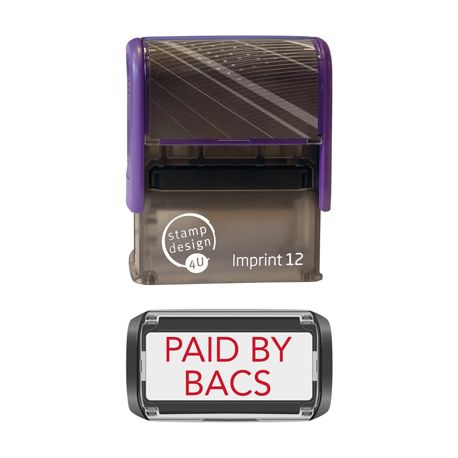 Stamp Design 4U Red Imprint 12 48 X 18Mm Self-Inking Rubber Stamp - Paid By Bacs In Ink
