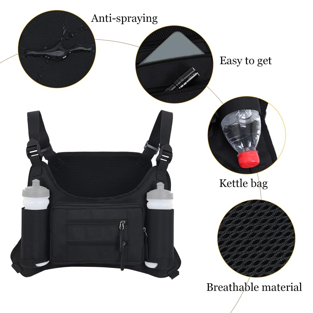 Sport-Brusttasche, taktische Brusttasche, Outdoor-Westentasche mit 2 Wasserflaschenhaltern for die Jagd, Angeln, Wandern, Reisen, Radfahren,Camping-Trinkflasche(Black)