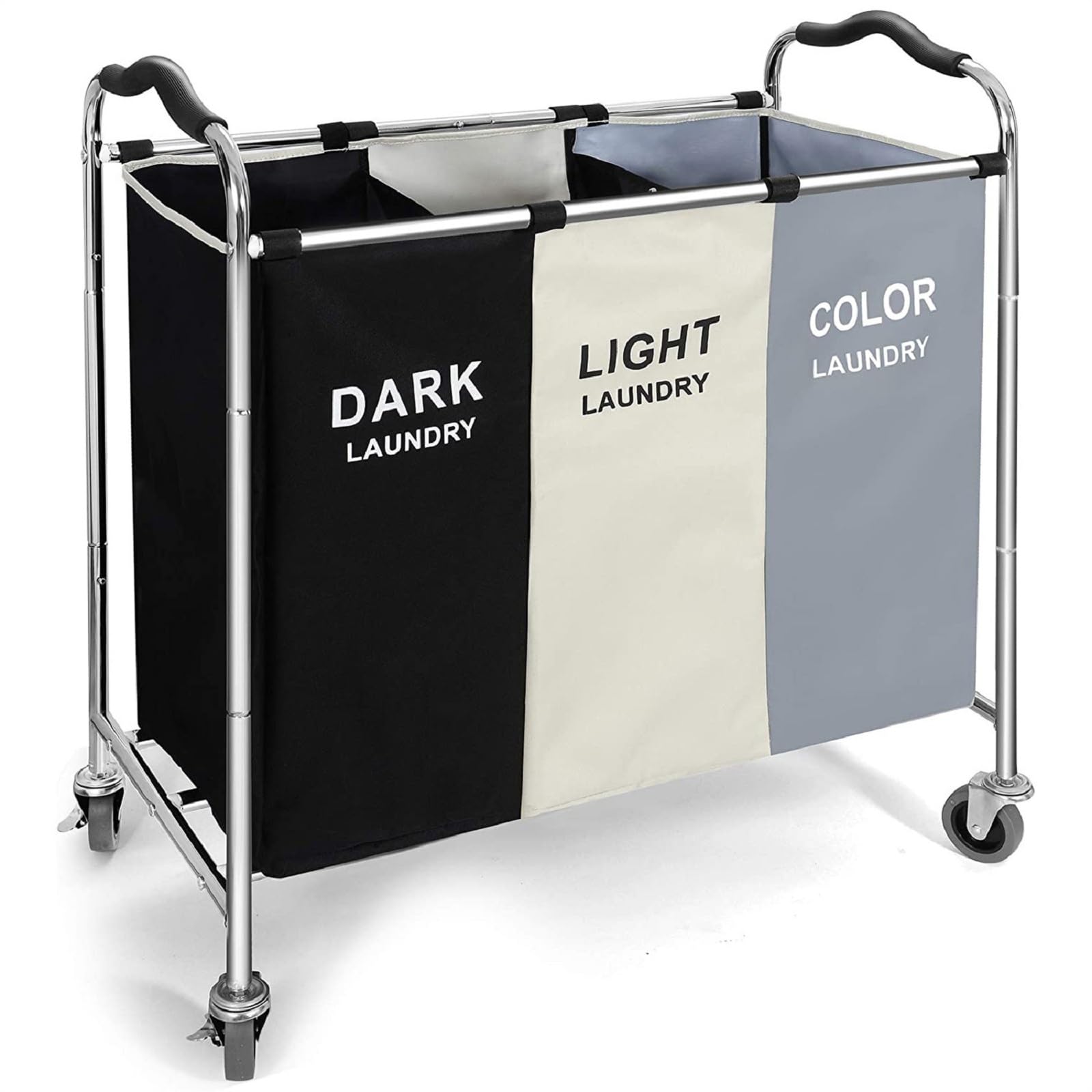 240L Laundry Basket 3 Compartments on Wheels, Laundry Basket Large Laundry Hamper Washing Basket with Removeable Laundry Bag & Lockable Wheels,Stainless Steel Frame for Home, Hotel Use