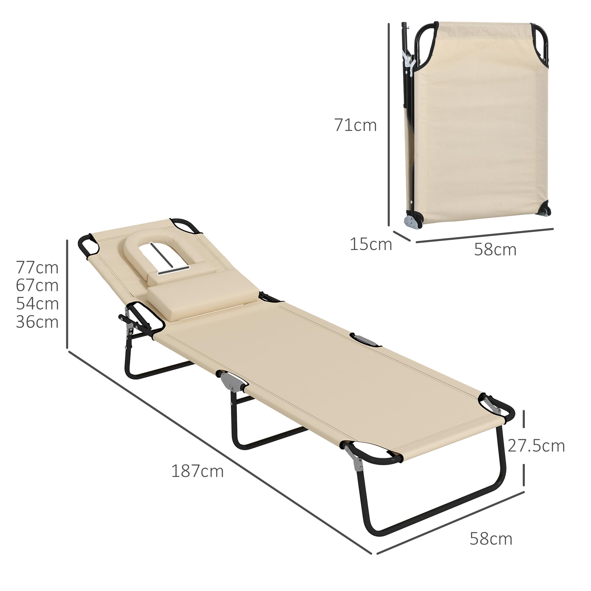 Outsunny Lot de 2 transats pliants avec Trou pour Visage, Sable | Transat de jardin à dossier réglable 4 positions, siège Oxford 500D, coussin, plage