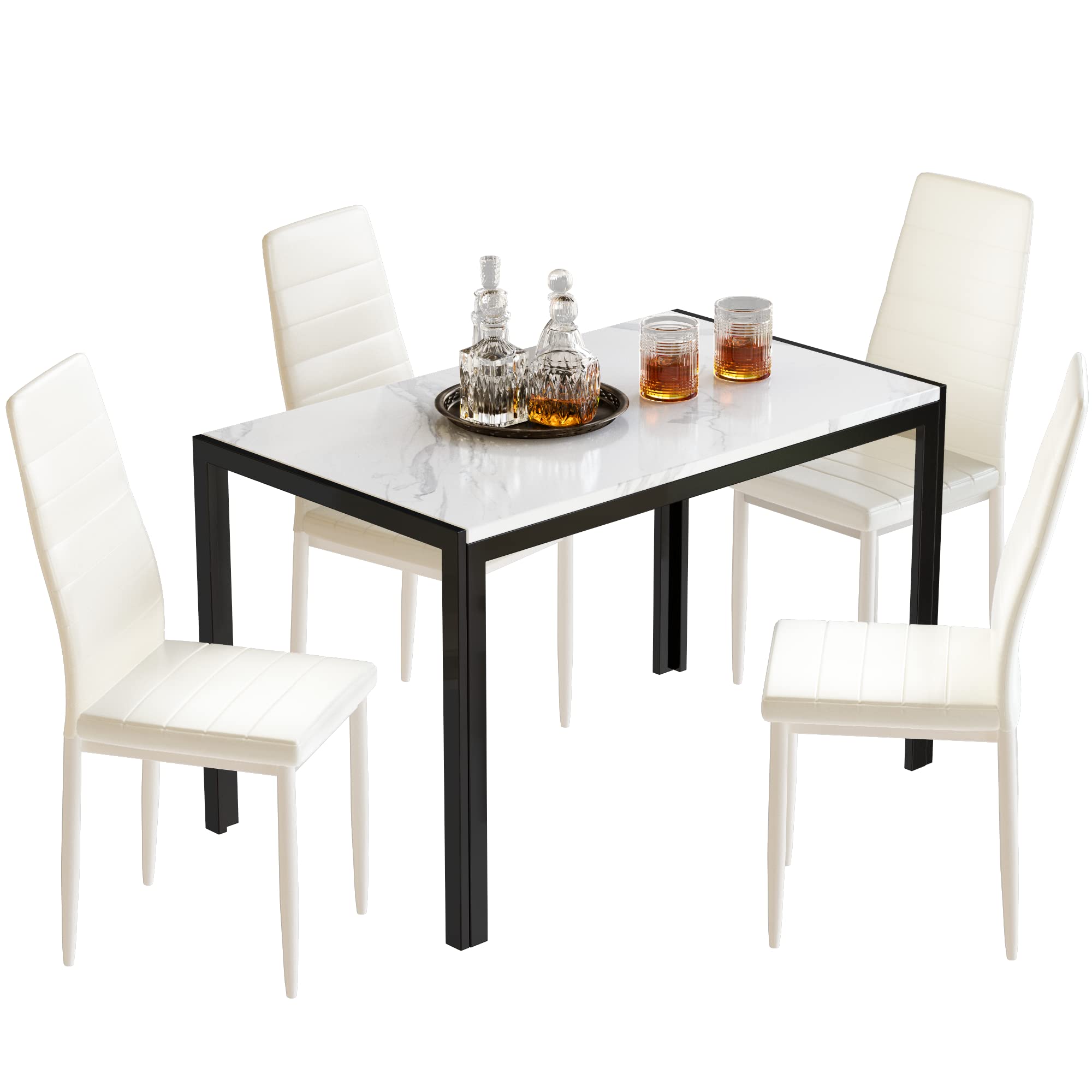 Lamerge Faux Marble Dining Table Set for 4,5 Piece Dining Room Table Set,Rectangular Table and 4 PU Leather Chairs for Living Room,Dining Room,Breakfast Nook,White&Beige, (LMDS-Wbe)