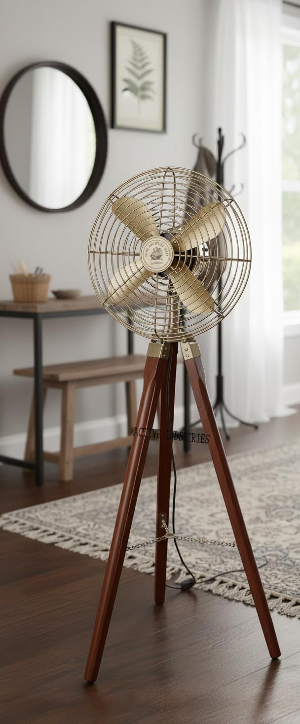 48" Vintage Brass Electric Floor Fan with Wooden Tripod Stand | Antique Style Home & Office Decor | Collectible Modern Retro Fan for Living Room, Bedroom & Study (Brown)