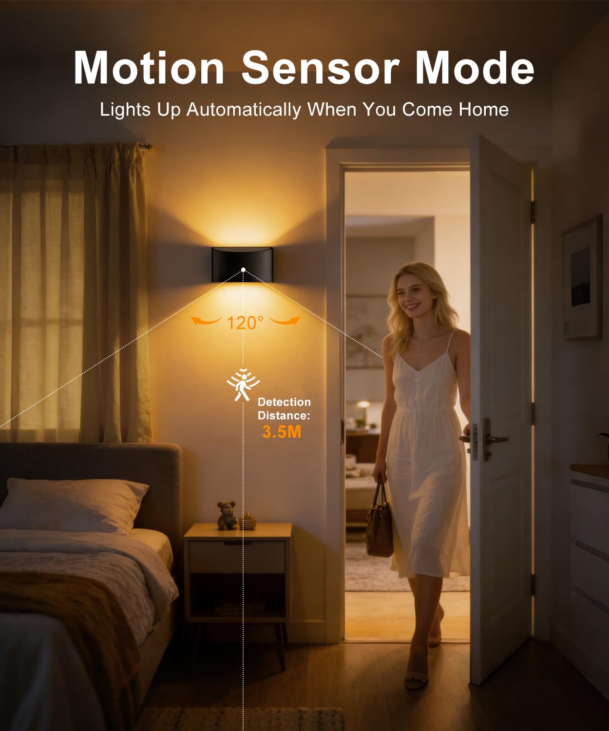 Applique Murale Intérieure avec Détecteur de Mouvement, Lot de 2, Applique Murale sans Fil 5000 mAh Rechargeable, 3 Températures, Télécommande 7 m, LED Murale Noire, Couloir Chambre Escalier