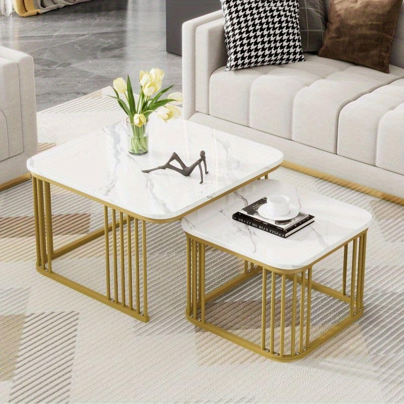 Image of Brown Art SHOPPEE Square Coffee Table Home Decor Furniture Coffee Table Sets,2 Piece MDF Top,Stacking Nesting Table with Iron Frame for Living Room Living Room or Lounge (Gold & White)