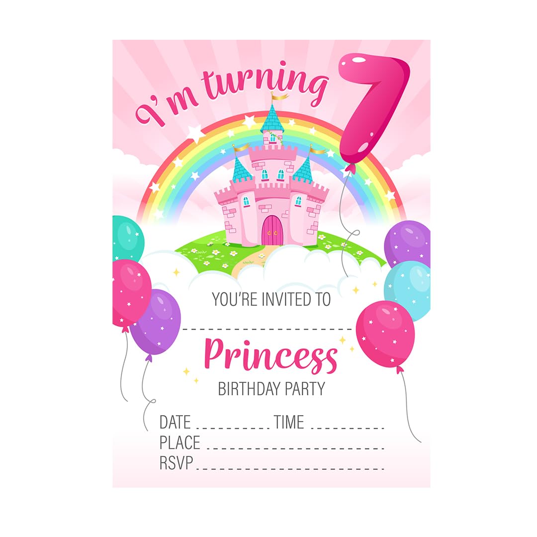 32 Princess Pink Girls Party Invites - Age 7 Kids Childrens Birthday Party Invitations with Envelopes โ Designed and Printed in the UK