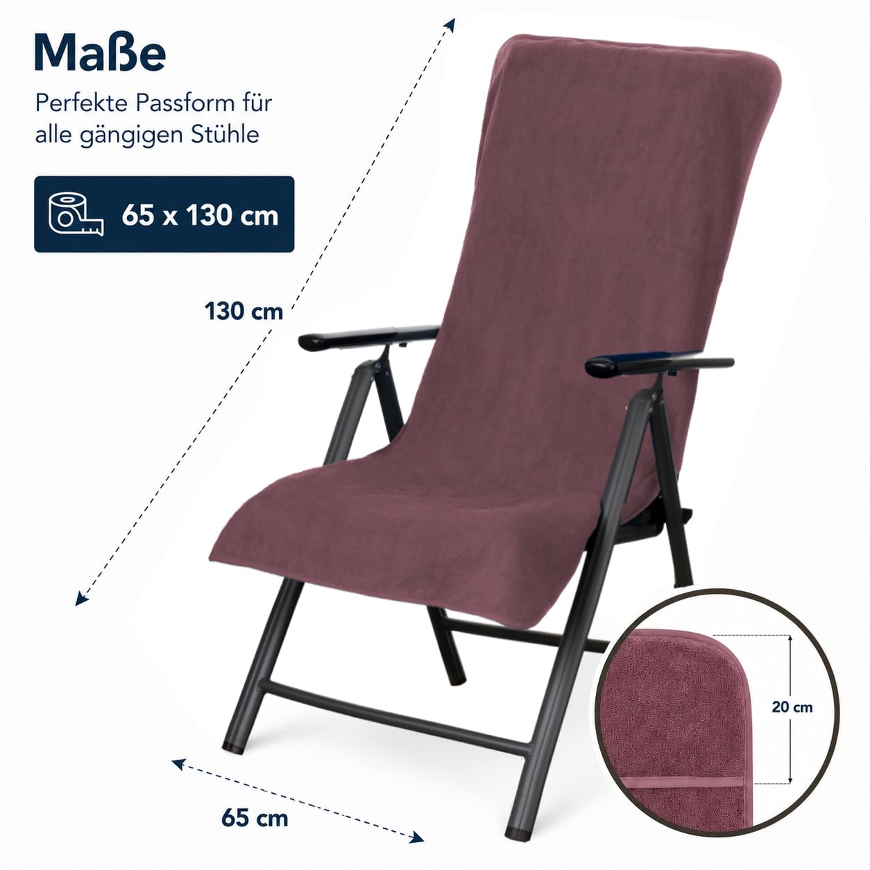 Brandsseller Housse en Éponge pour Chaise de Jardin 65x130 cm – Coussin de Siège d'Extérieur en Coton 100% – Serviette XL Confortable, Antidérapante, Lavable, Certifiée Oeko-Tex – Mûre