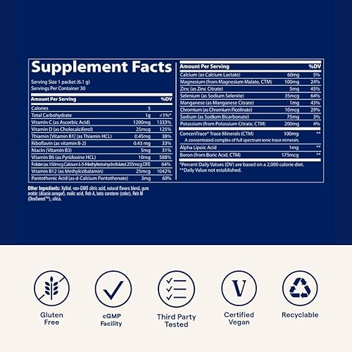 Miniatura 2 de Trace Minerals Power Pak - Paquetes multivitamínicos y multiminerales - Soporte de electrolitos - 1200 mg de vitamina C más 70 frambuesas, bayas de