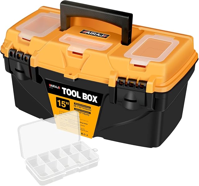 AIRAJ PRO Small Toolbox,15"Plastic Tool Box With Removable Tray, 3 Transparent Storage Room, 2 Hard Plastic Clips,Tool Storage Box for Household Tools, Toys, Decorations and Stationery