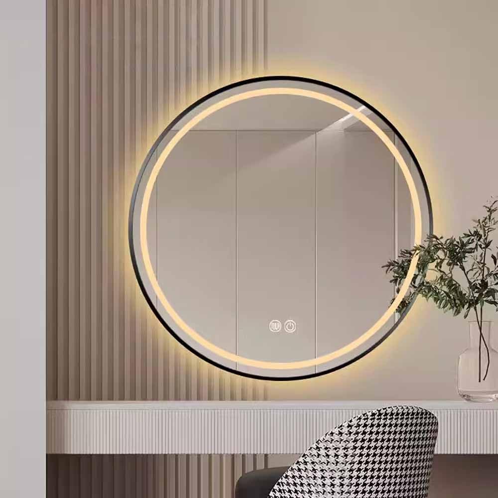 Specchio Cosmetico da Parete con Luce 3 Colori, Specchio da Bagno Anti-Nebbia, Dimmerabile, Rotondo Ø 50-100cm Cornice in Metallo, Controllo Tattile(Black,20"/50cm)