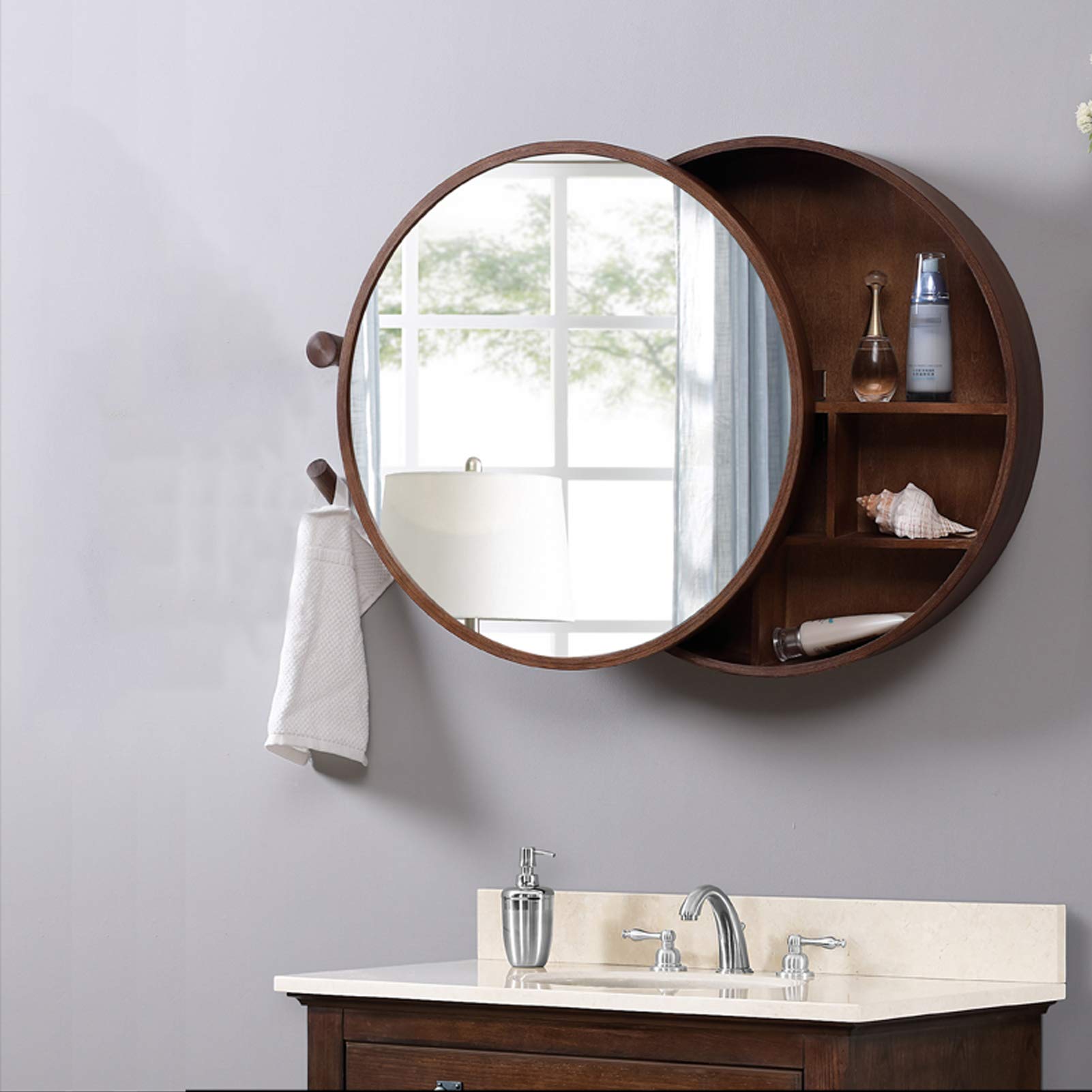 Armadietto Rotondo a Specchio da Bagno, Armadietto da Parete per Medicinali con Porta Scorrevole a Due Vie, Decorazione Domestica,Nero,70cm (Marrone 60cm)
