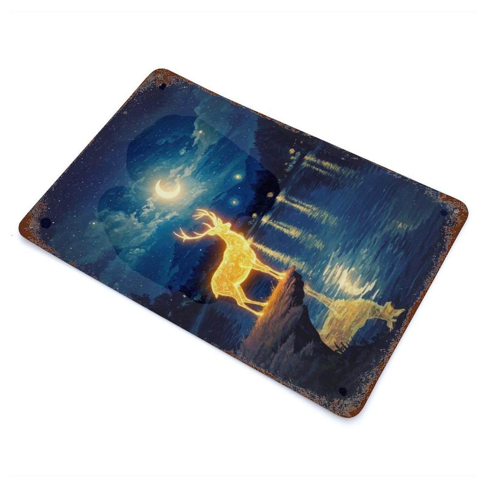 Rust Effect Glowing Deer by Lake at Night Weathered Tin Sign 11.8"x7.9", Classic Wall Plaque for Living Room, Hallway And Home Decor