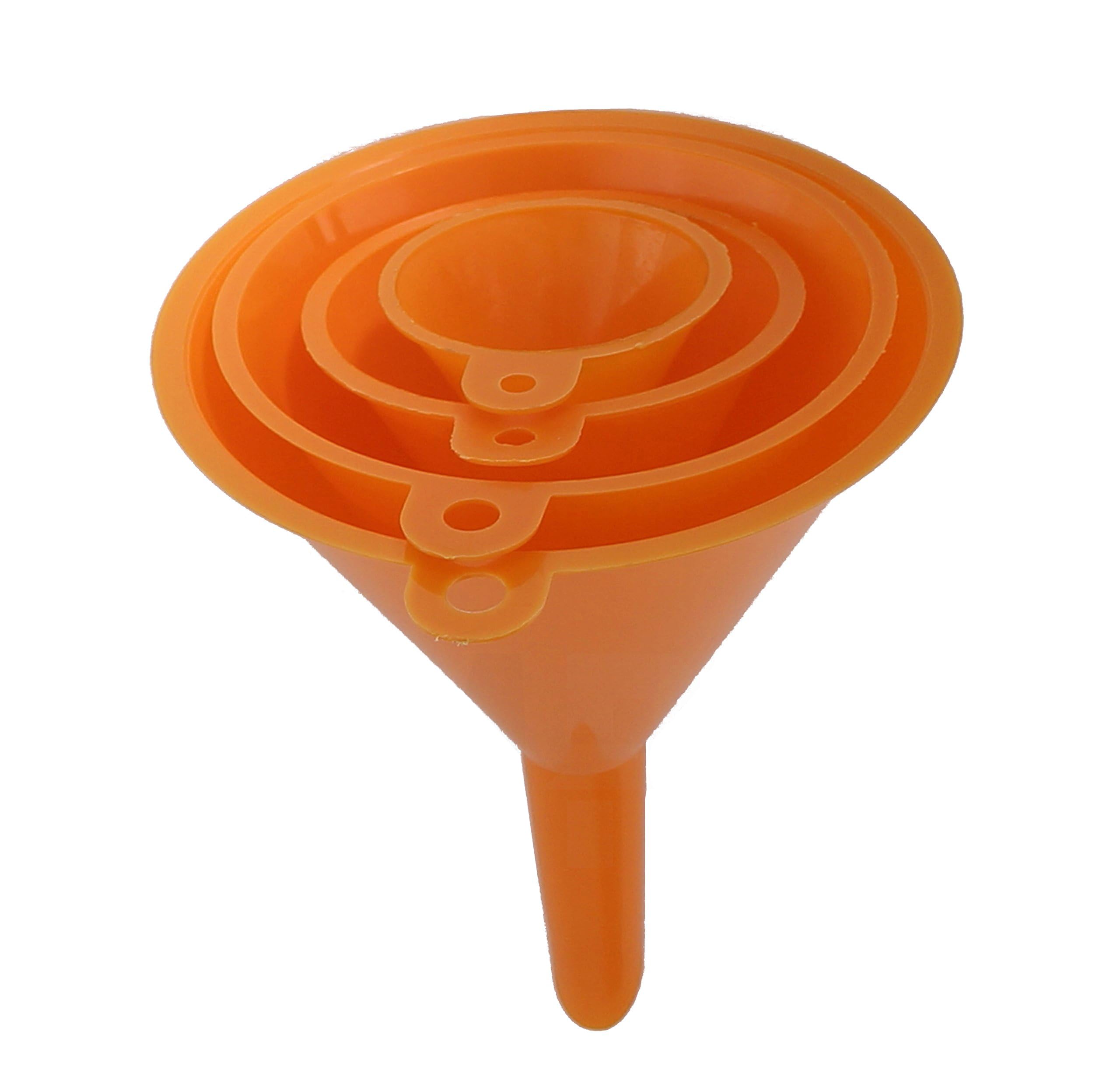 4-Piece All Purpose Wide-Mouth Bright Orange Plastic Funnel Set for Quick and Clean Transferring Liquids, Dry Goods, Between Pitchers, Bottles, Cans and Containers