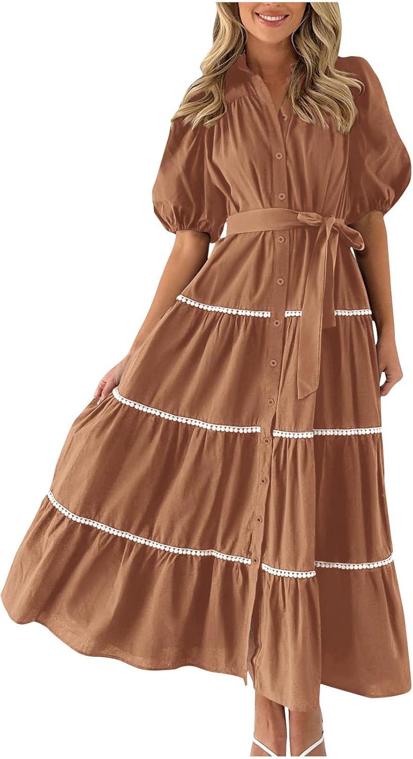 Dresses for Womens 2024 Casual Puff Sleeve V Neck Maxi Beach Dresses Button Down Flowy Summer Trendy Long Shirt Dress