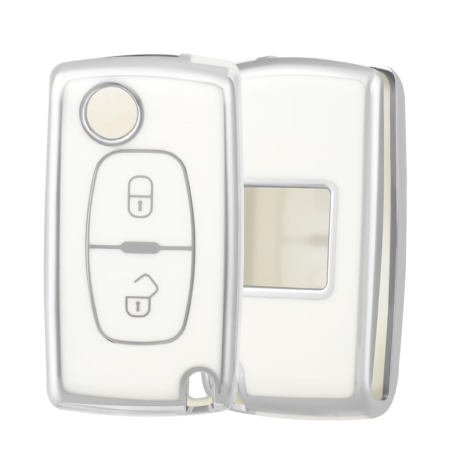 OFF WE GO Autoschlüssel Hülle TPU Schlüsselhülle Cover für Peugeot 207 307 308 407 408 3008 5008 Citroen C2 C3 C4 C5 C6 C8 Auto Schlüssel Schlüsselbox Damen Männer Schlüsselgehäuse, Weiß Silber