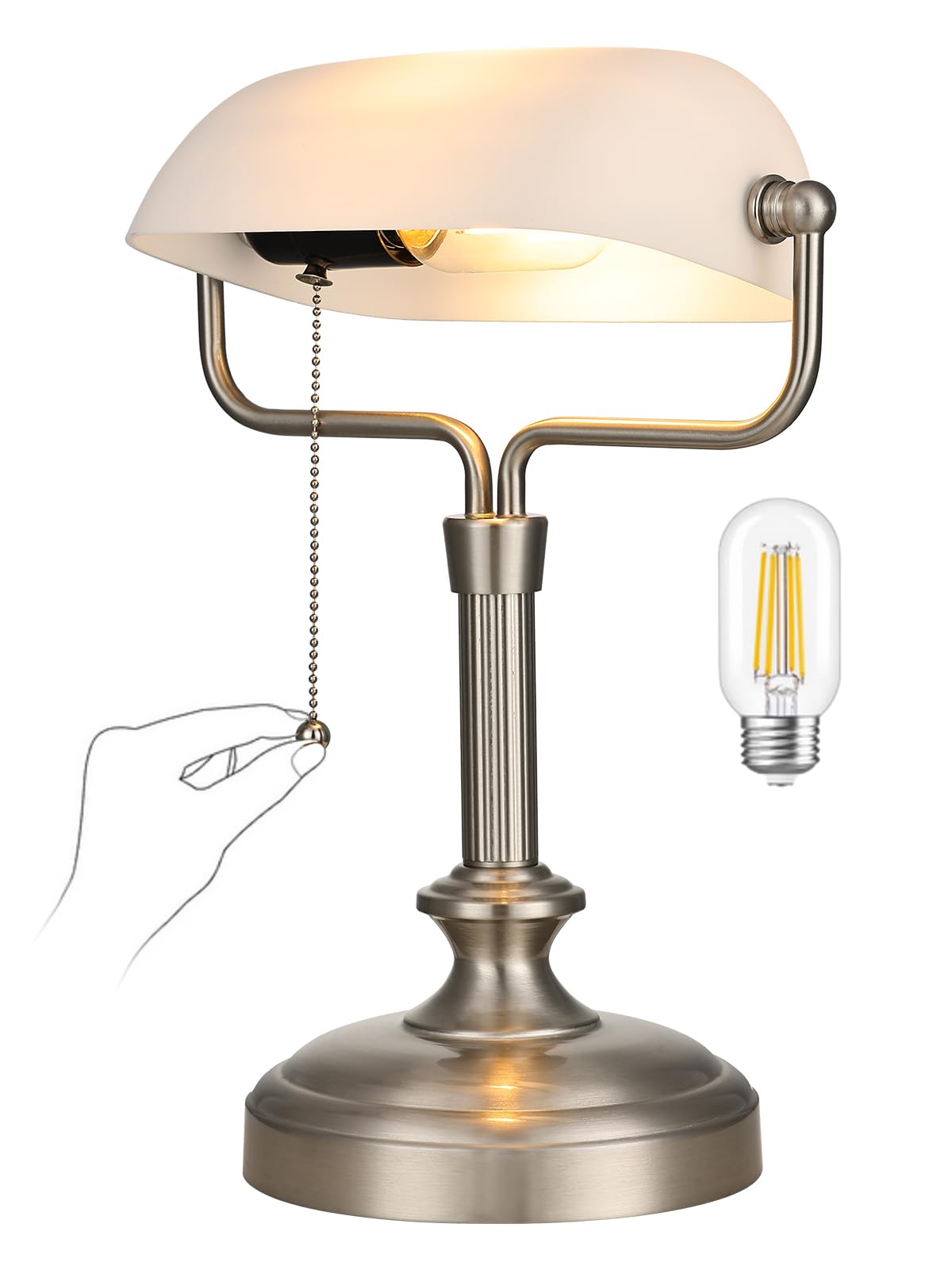 LOFOB Banker's Desk Lamp with White Glass Shade, Brushed Nickel Base, Pull Chain Switch,LED Bulb Included