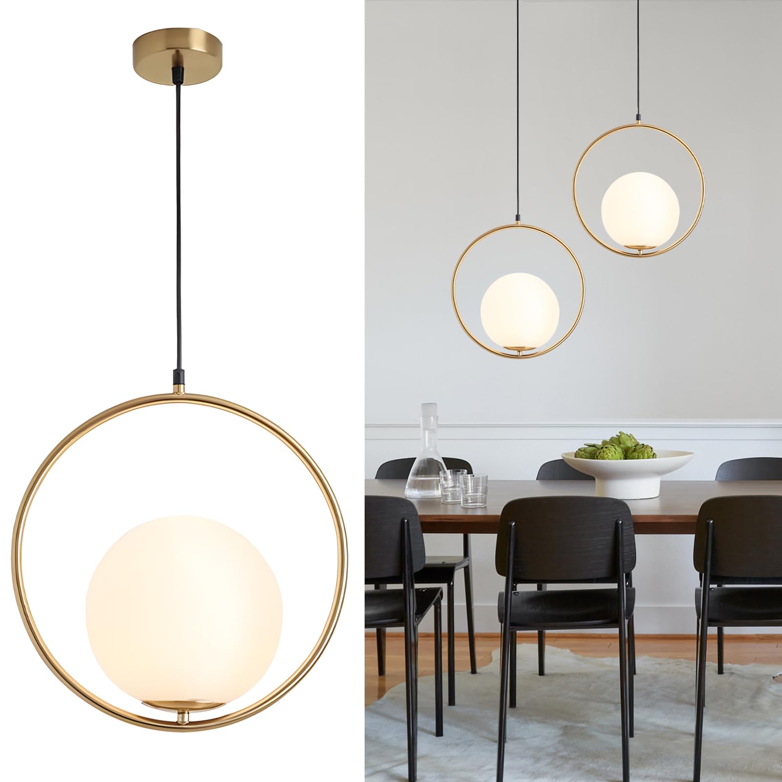 KCO Modern Gold Globe Pendant Light 1-Light Single White Glass Kitchen Island Pendant Lighting Fixture Mid Century Adjustable Chandelier for Living Room Dining Room (9.8”-Small)