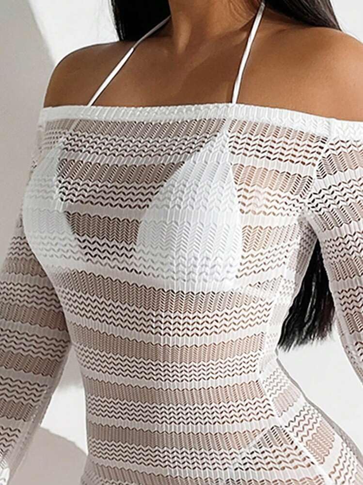 ZAFUL Womens Swimsuit Cover Up Dress Off Shoulder Hollow Coverup Bathing Suit Mesh Swim Beach Dress - Image 5