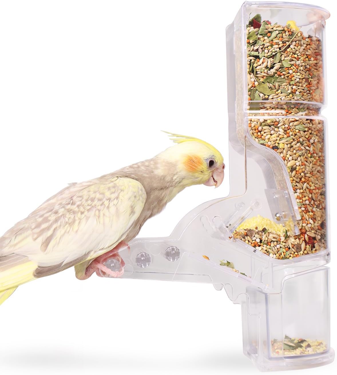 No Mess Bird Feeder, Automatic Parrot Feeder for Cage with Bottom Drawer, 300ml/10oz Clear Acrylic, Spring Lock & Perch for Cockatiels, Parakeets, Lovebirds, Budgies, Canaries, Conures and Parrots