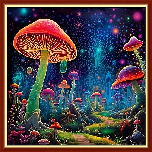 Image of Foxhool Beginners Cross Stitch Kits Stamped Full Range of Embroidery Kits for Adults DIY Cross Stitches kit Embroidery Patterns for Needlepoint kit-Colorful Mushrooms 17.7x17.7 inch