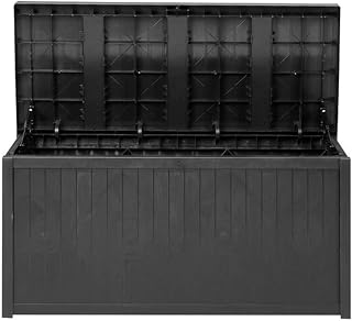 Deck Box Outdoor Storage - Stylish Flat Top 113 Gallon Patio Storage Deck Box Outdoor Storage Plastic Bench Box with Both Side Handles, Lockable, Water Resistant (Black)