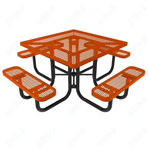 Sturdy Essentials Square Top Portable Plastic Coated Metal Picnic Table with 4 Seats for Schools, Parks, Outdoor Seating - Orange