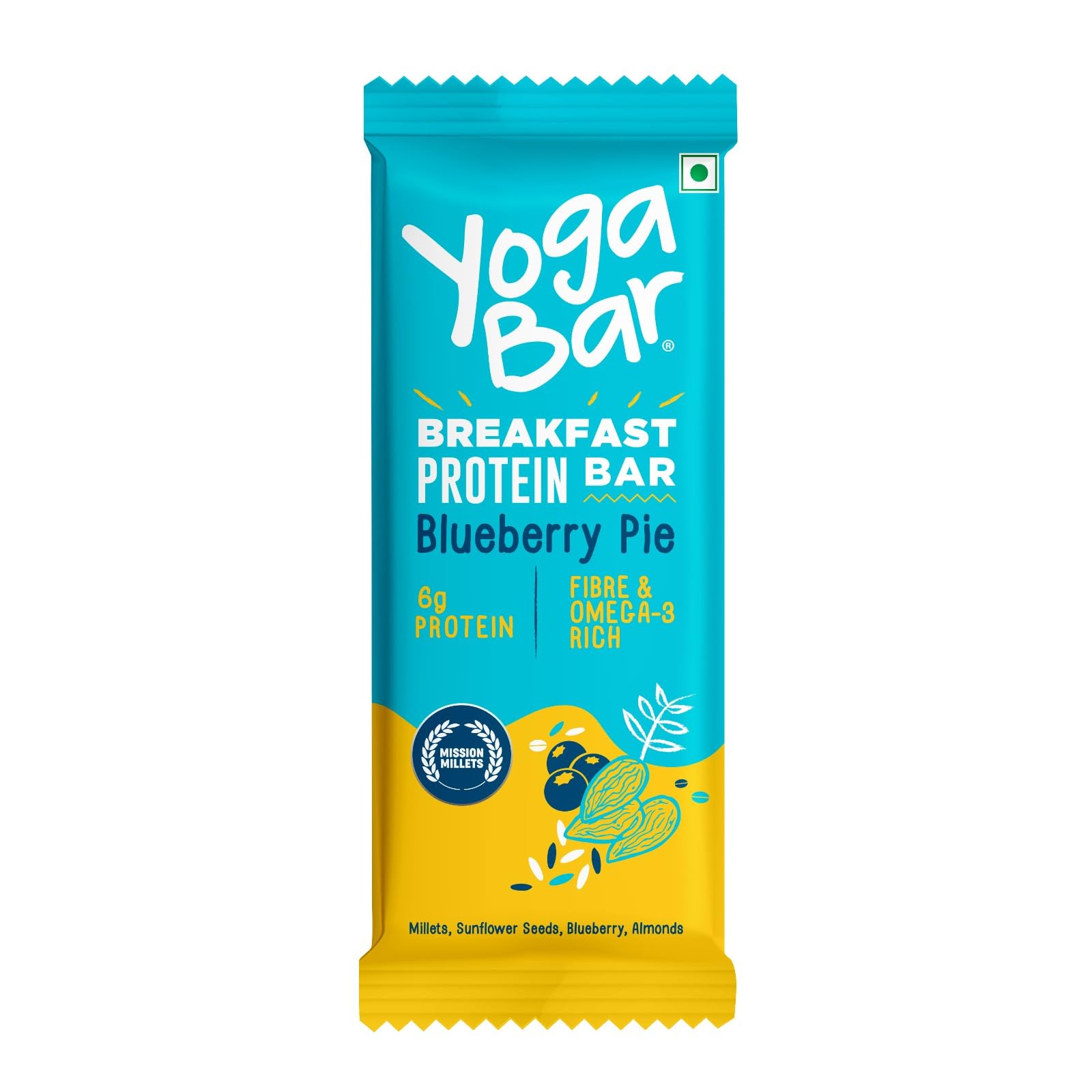 Yogabar Blueberry Pie Breakfast Protein Bar with Oats, Millets, Quinoa & Almond | 7g Protein & 6.5 g Fiber, 50g