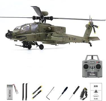 C170 AH-64 Apache RC Helicopter, 148 Scale Remote Control Helicopter with Auto-Stabilization System, Brushless Motor, with 2 PCS Hand-Painted Camouflage Pilots Green RTF with Transmitter