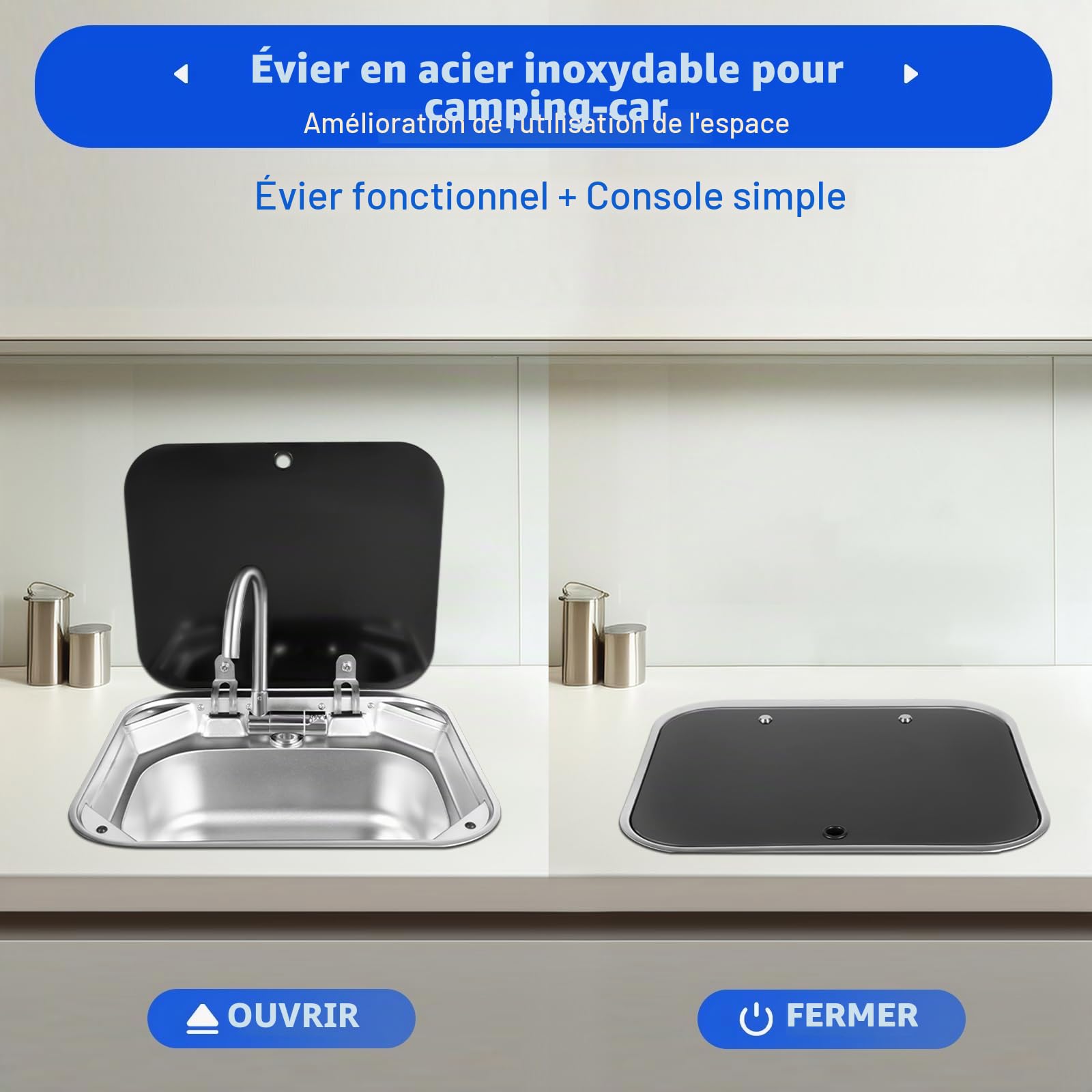 MINRS Évier de camping RV - Kit de construction - Évier de camping-car ou bateau - Lavabo à main en acier inoxydable avec robinet d'eau chaude et froide - Couvercle pour camping-car compatible - 41 x