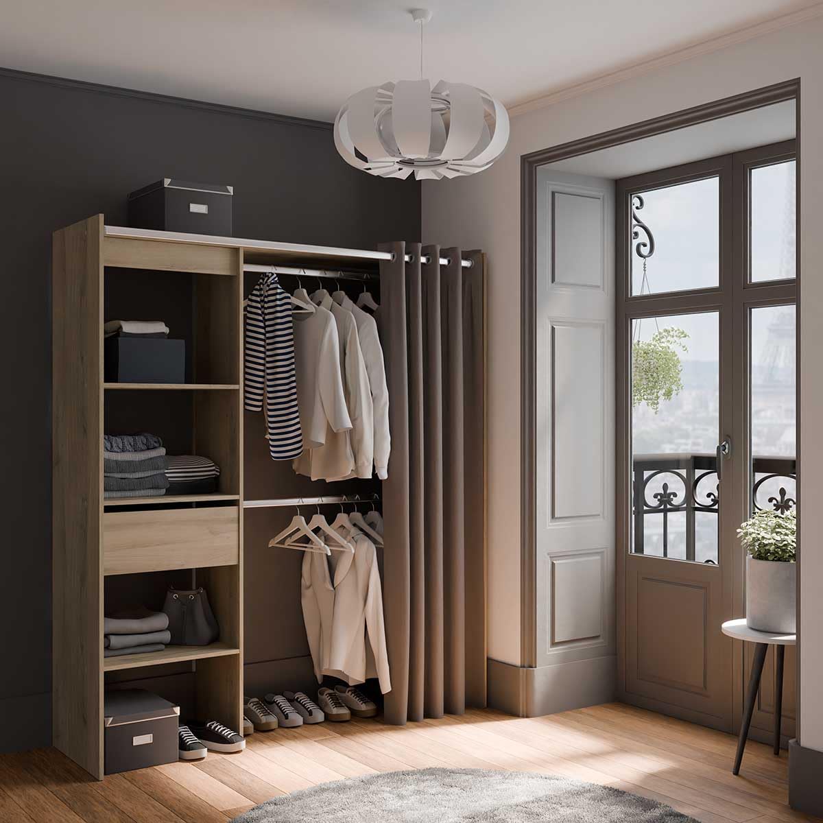 Portant à Vêtements en Bois de Chêne CHICAGO - Dressing Extensible - Fabriqué en France – Pratique et Fonctionnel (168,2 cm x 50 cm x 187 cm)