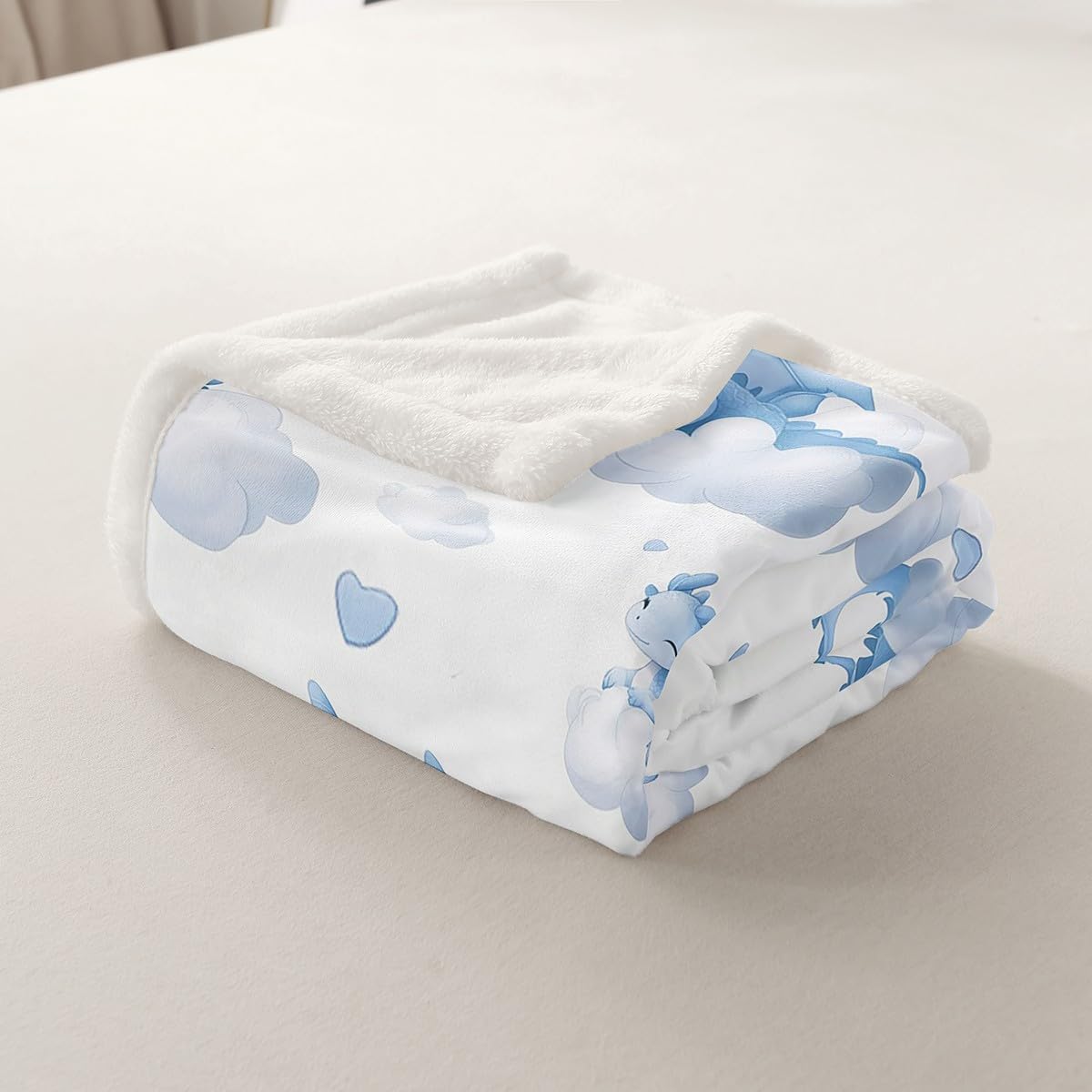 Cute Dragon Fleece Blanket,Blue Dragon Wings Lovely Wildlife White Bed Blanket for Kids Teens,Kawaii Animal Sky Clouds Fantasy Cartoon Flannel Blanket for Room Decor,Queen 90"x90"