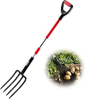 VEVOR Garden Fork, 4-Tine Gardening Pitchfork with Fiberglass Handle, 45 in Heavy Duty Digging Fork with Y Grip, Forged St