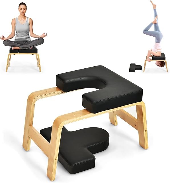 GYMAX Yoga Headstand Bench, Yoga Stool Stand Inversion Chair with Thick Padded Cushion and Wooden Legs, Fitness Training Stool for Workout, Strength, Balance, Training and Relieve Fatigue