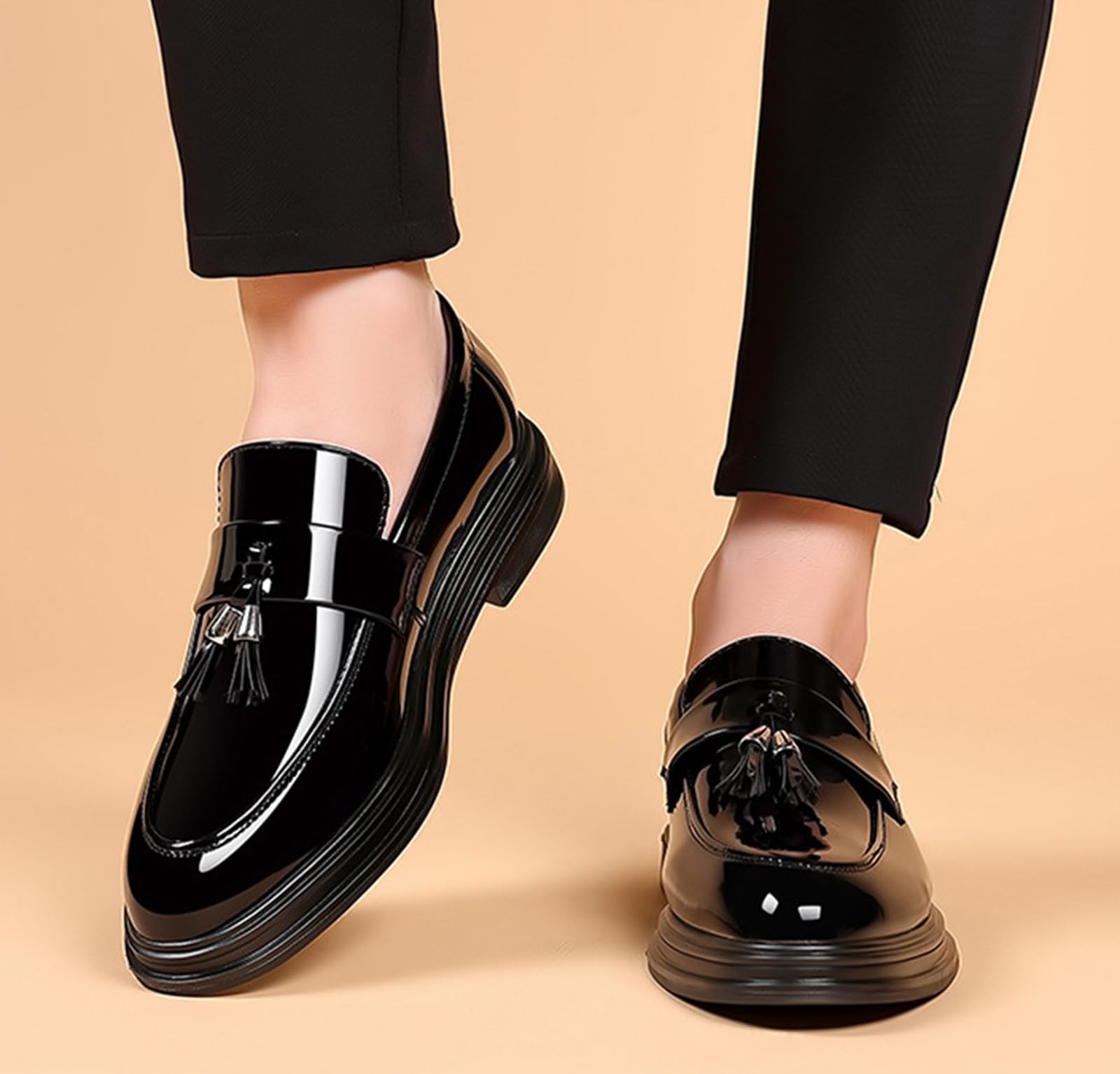Mocasines Hombre con Borlas Zapatos de Vestir Brillantes Casual Boda Negocios Suela de Goma Punta Redonda