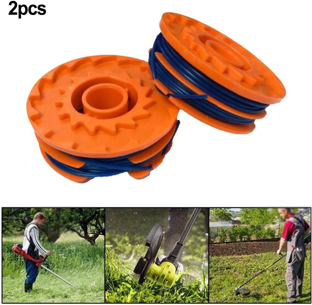Two trimmer spools and images of a person using a string trimmer