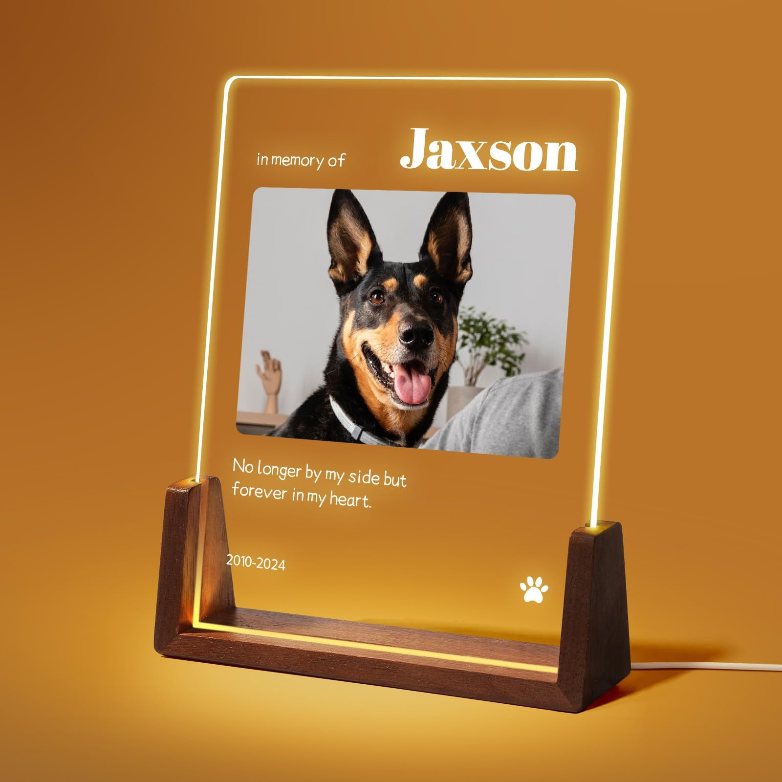 Jodimitty Personalised Pet Memorial Plaque Acrylic Panel optional LED Light & Wooden Base, Custom Color Photo & Name & Life Span & Message, Dog Cat Memorial Gifts, 5x7in / 6x8in (Style F)