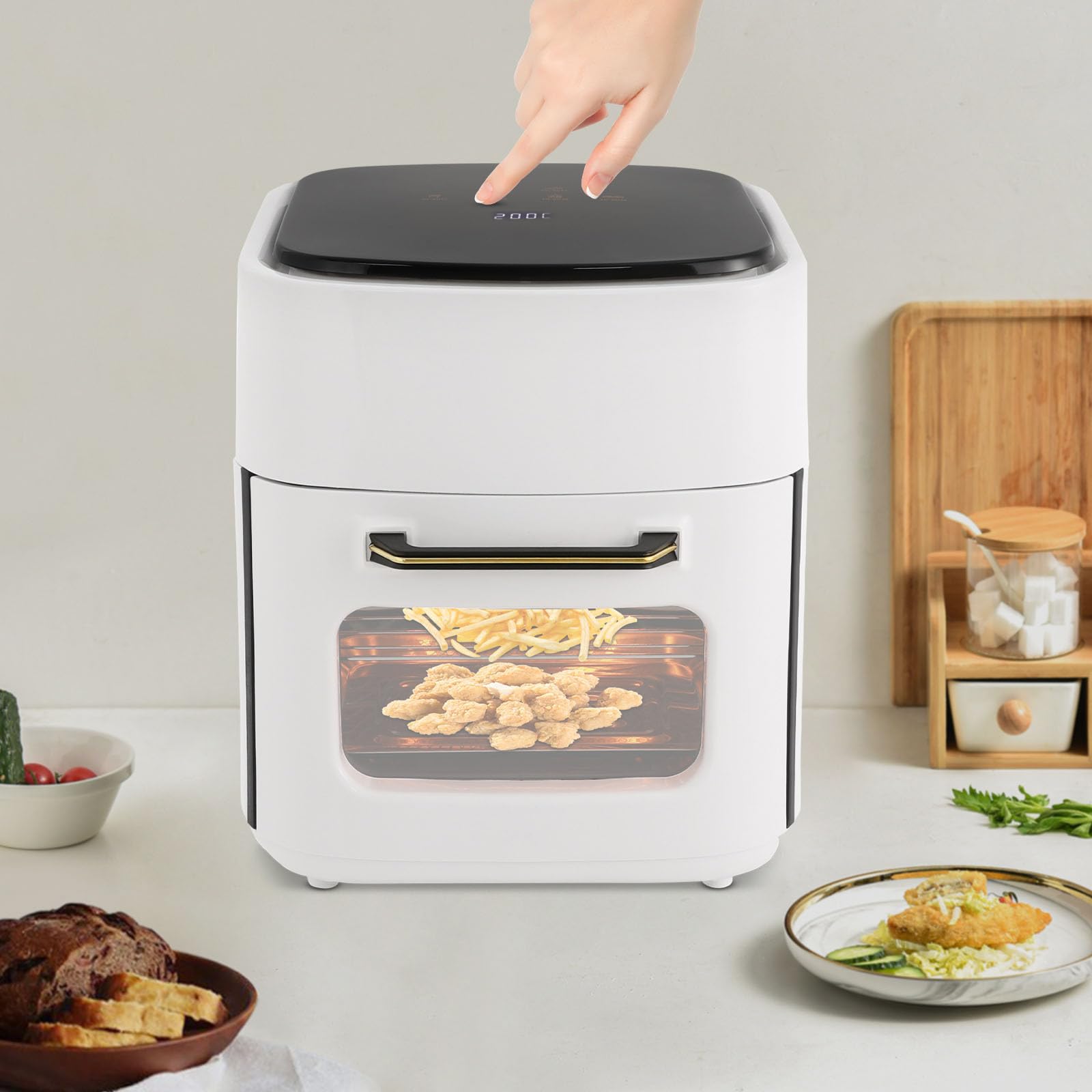 Frytkownica powietrzna o pojemności 15 litrów z ekranem dotykowym, 1400 W, 8 automatycznych programów (mięso, frytki, pizza), odwadniacz owoców, frytkownica beztłuszczowa, biała
