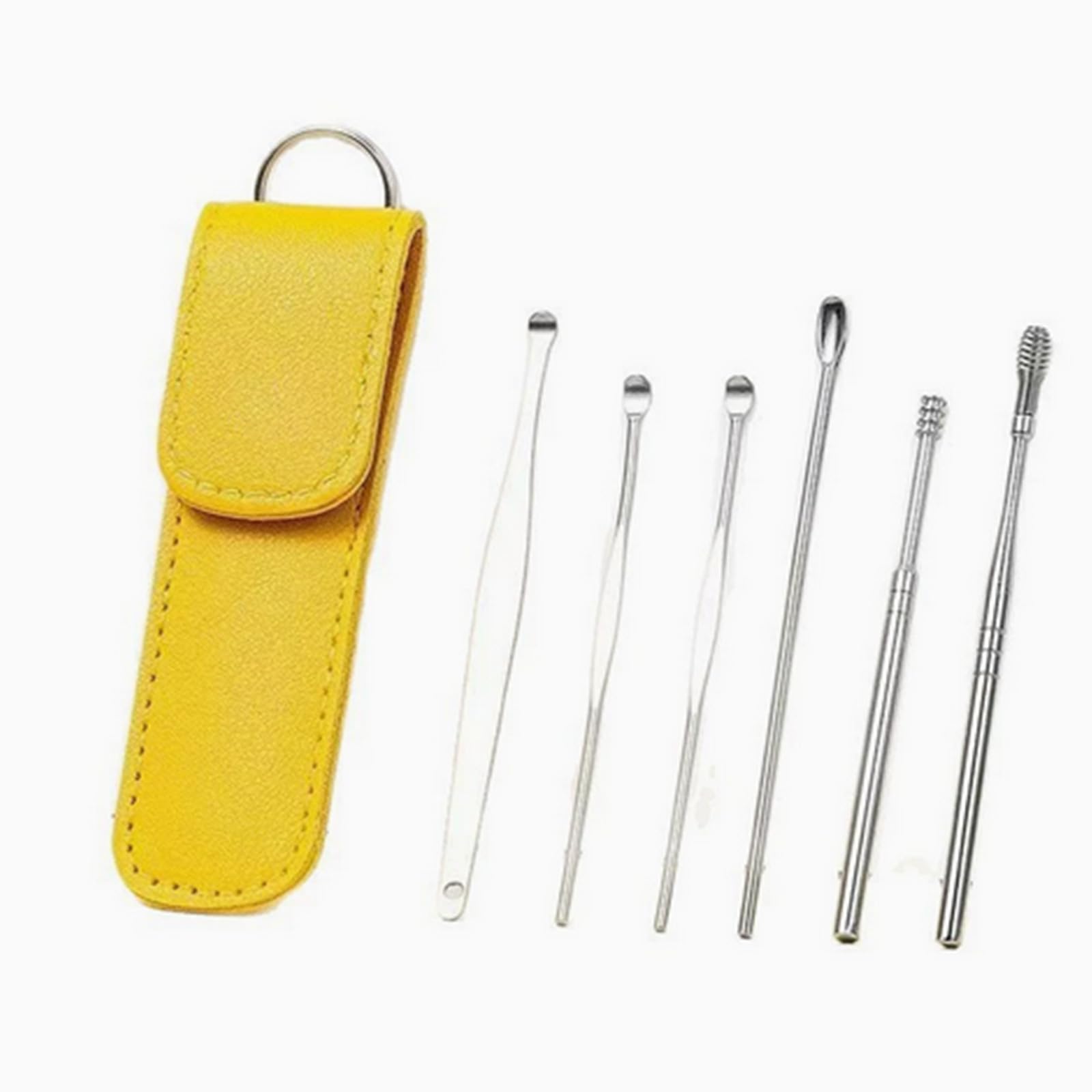 Ear Care Tool Kit 6 Piece Stainless Steel Earpick Set with Yellow Leather Case Ear Wax Removal Cleaner