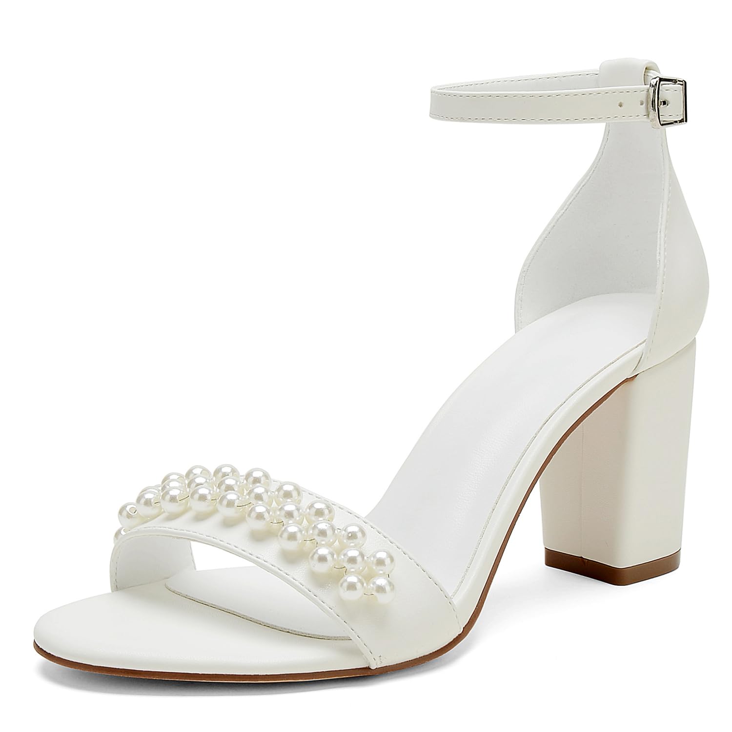 Open Toe Chunky Block Heels Satin Pearl Wedding Shoes Bride