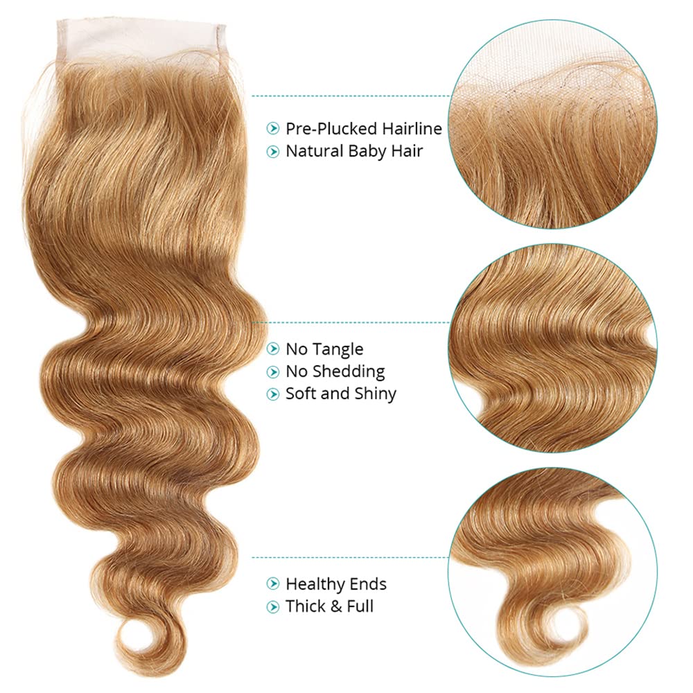 #27 Human Hair Closure Honey Blonde Body Wave Pre Plucked With BabyHair 4x4 Transparent Lace 16 Inch Free Part Bleached Konts Raw Remy Human Hair - Image 3