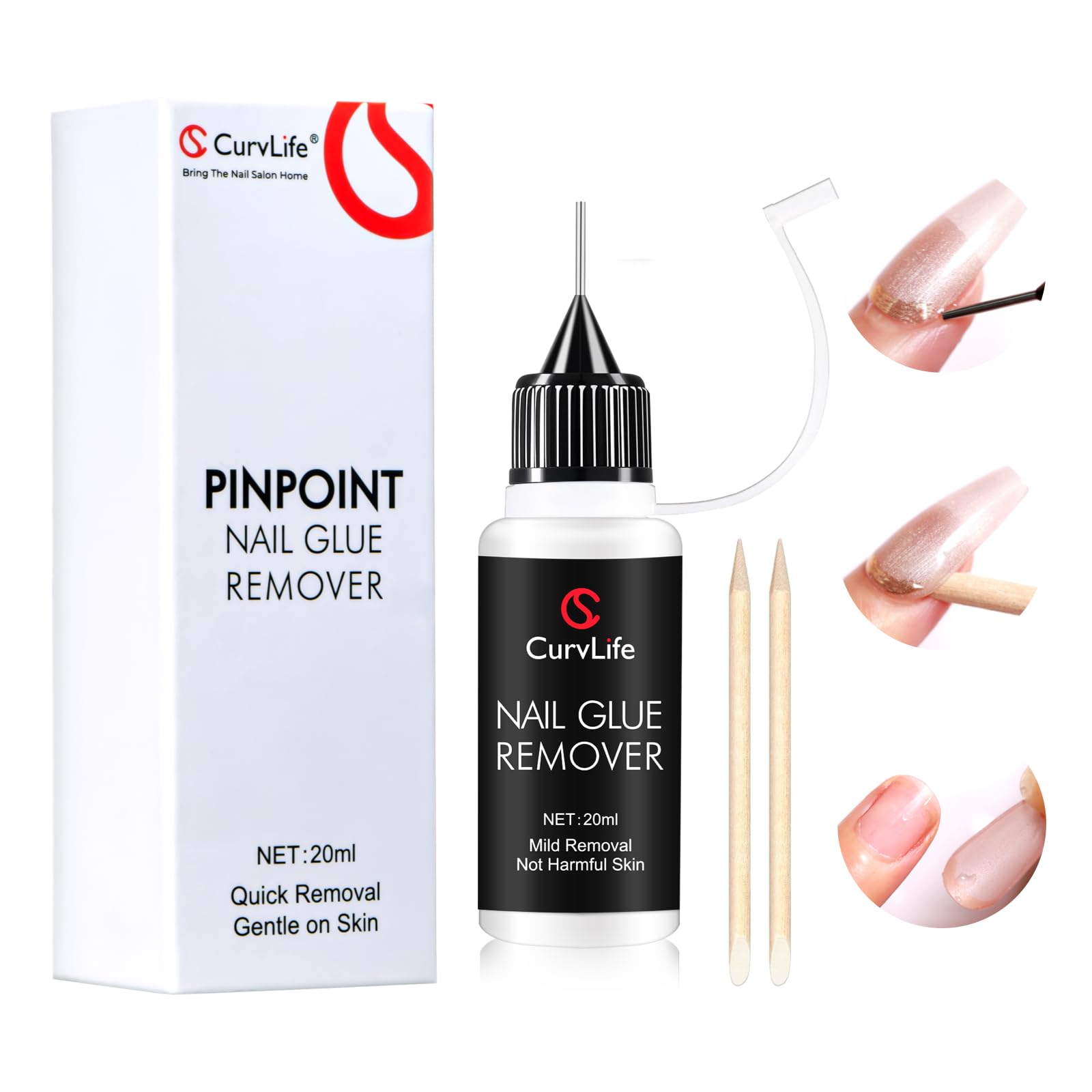 Curvlife 20ml Pinpoint Nail Glue Remover for Press on, Multi-Functional Remover for Nails Tips, Gentle Glue Remover for Gel x Nails, Non-Acetone Nail Polish Remover